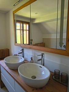 a bathroom with two sinks and a large mirror at Das Kothberg in Lunz am See +6 photos