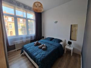 a bedroom with a blue bed with two teddy bears on it at Spacieux duplex familial proche Dunkerque et plage in Coudekerque-Branche +6 photos
