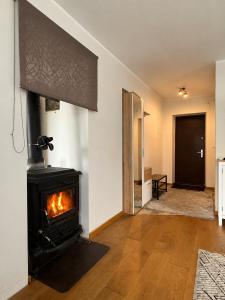 a living room with a wood stove in a room at AM Apartment in Tallinn