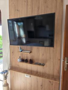a flat screen tv on a wooden wall at Villa Letina in Sukošan