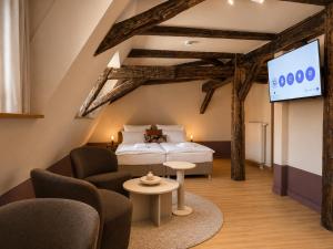 a hotel room with a bed and a tv at Malerweg Residenz in Pirna