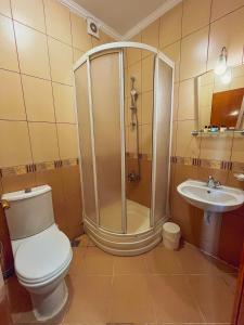 a bathroom with a shower and a toilet and a sink at Uz Hotel Premium in Safranbolu +16 photos