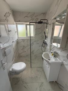 a white bathroom with a toilet and a sink at Apartment Gajic in Belgrade +52 photos
