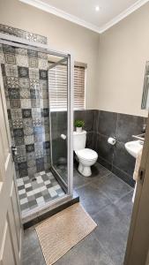 a bathroom with a shower and a toilet and a sink at Lloyds - unit 10 in Ermelo