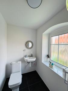 a bathroom with a toilet and a sink and a window at Pokoje gościnne Agroturystyka in Gierałtów +17 photos