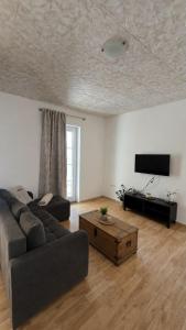 a living room with a couch and a flat screen tv at Villa Olivia in Banjole