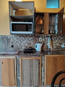 a kitchen with a microwave on top of a counter at Mi Hábitat Lambaré - Habitaciones con Baño Privado, Cocina y Comedor equipados con electrodomésticos, con Quincho al Aire Libre in Asunción
