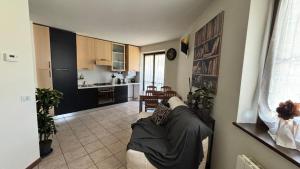 a living room with a couch and a kitchen at La Casina - Centro Colere - 600mt dagli impianti in Colere