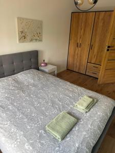 a bedroom with a bed with two pillows on it at Apartament Leśna Mandala in Augustów