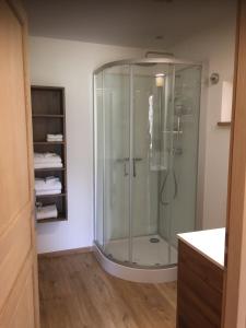 a bathroom with a glass shower in a room at Ferme Boisquillon in Marcilly-en-Gault