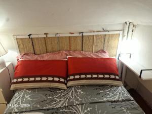 a bed with two red pillows on top of it at Mivida Casa vacanze in Turin