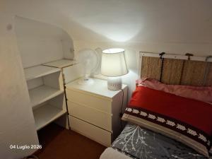 a small bedroom with a bed with a lamp and shelves at Mivida Casa vacanze in Turin
