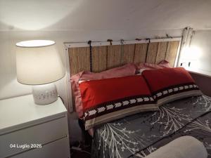 a bedroom with a bed with red pillows and a lamp at Mivida Casa vacanze in Turin