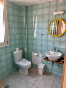 a bathroom with a toilet and a sink and a mirror at Glikis Ear Apartments in Gliki