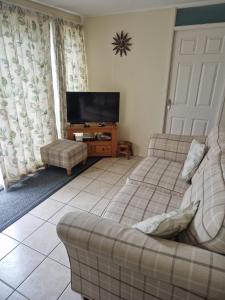 a living room with a couch and a flat screen tv at Chalet 85 in Caeathro