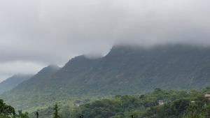 a misty mountain valley with trees and mountains at Girijalsrushti Pool Villa in Kolvan +68 photos