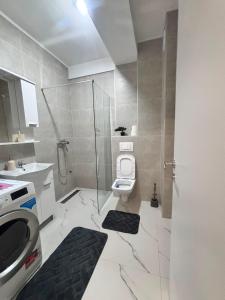 a bathroom with a shower and a toilet and a sink at Apartman ART Foca in Foča +5 photos