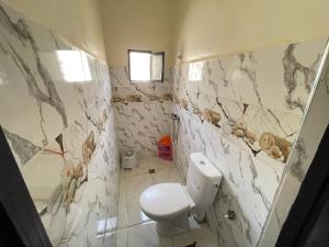 a bathroom with a white toilet and a shower at Maison-Lala Takerkoust et agafay in Lalla Takerkoust