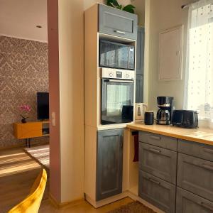 a kitchen with a counter with a microwave at Yasmin Apartment in Pärnu