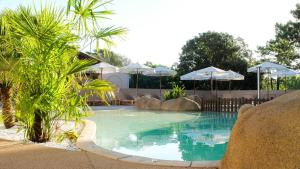 a swimming pool with palm trees and umbrellas at Campo Di Mare in Porto-Vecchio