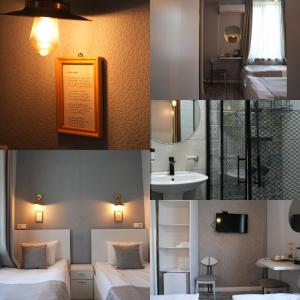 a collage of photos of a hotel room with beds and a sink at Hotel Ticiani 15 in Kutaisi +129 photos