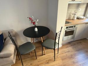 a small kitchen with a table and chairs in a room at Koko Pepito apartment in Lezhë +4 photos