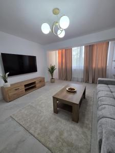 a living room with a couch and a tv at Colins Premium Apartments in Giurgiu