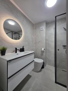 a bathroom with a sink and a toilet and a mirror at Colins Premium Apartments in Giurgiu