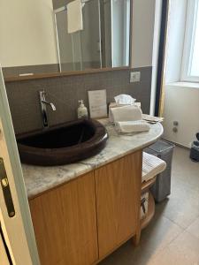 a bathroom counter with a sink with a wooden bowl at Fattoria solidale del Circeo in Pontinia +31 photos
