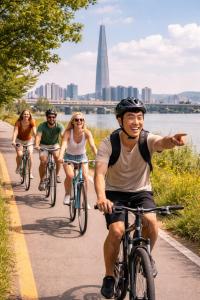 a group of people riding bikes down a road at MAMA Alice in Seoul