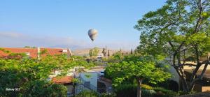 a hot air balloon flying over a city at פינה שלווה בטבע- A peaceful spot in nature in Bet HaShitta