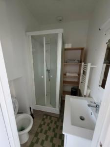 a bathroom with a shower and a toilet and a sink at Appart 1er étage Angers Chalouère in Angers +6 photos