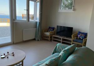 a living room with a couch and a tv at Oleander Villa in Rafina
