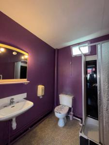 a purple bathroom with a toilet and a sink at Hotel du chateau blanc in Saint-Aubin-lès-Elbeuf