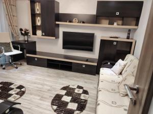 a living room with a couch and a flat screen tv at Apartament Centru in Râmnicu Vâlcea
