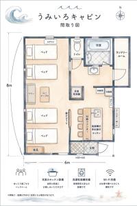 a drawing of a floor plan of a house at 町の中心地 星もきれいな貸切宿 "うみいろキャビン " "umiiro cabin" in Ainan