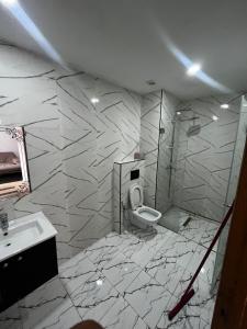 a white bathroom with a toilet and a sink at Sweethome in Ariana