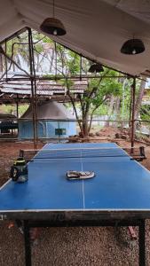 a blue ping pong table in a tent at Lake N Trails Exotic Glamping in Khālāpur +10 photos