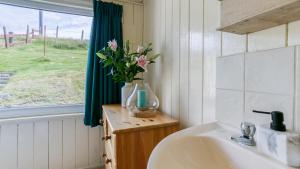 a bathroom with a sink and a vase of flowers at Beach Bungalow in Nefyn +79 photos