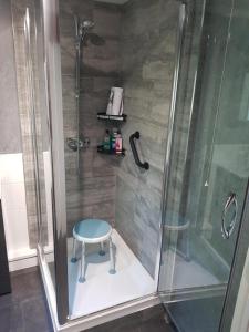 a shower with a stool in a bathroom at Beechcroft 2 bed part house in Callington +32 photos