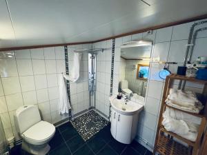 a bathroom with a toilet and a sink at Atmospheric cabin by Lesjaskogsvatnet in Lesja