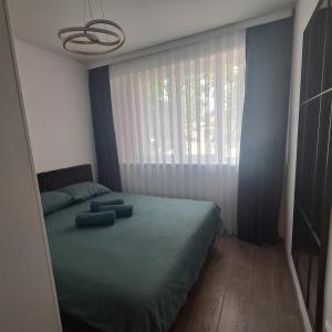 a bedroom with a bed with blue sheets and a window at Apartman Veka KV in Kraljevo