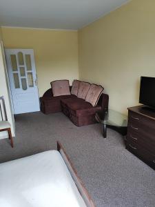 a living room with a couch and a tv at SunKiss in Melnragė