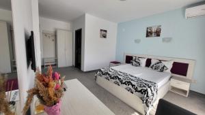 a bedroom with a bed and a tv in it at Vila Zara in Mamaia Sat/Năvodari