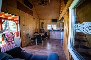 a kitchen and living room of a log cabin at Zielone okiennice in Chobie