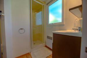 a bathroom with a shower and a sink and a window at Manoir le Mingreaud Bungalows in Sainte-Gemme-la-Plaine