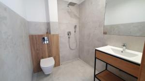 a bathroom with a sink and a toilet and a shower at Bursztynowa Rosa & Wypożyczalnia rowerów elektrycznych in Łeba +75 photos