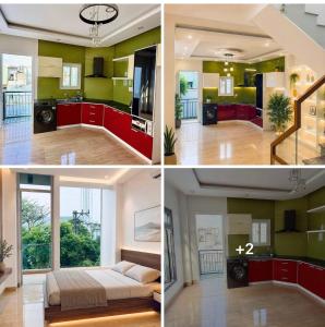 a collage of four pictures of a room at David Home in Danang