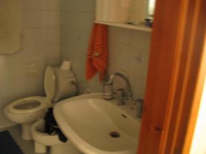 a small bathroom with a toilet and a sink at jenny's apartment in Vrontádos