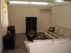 a living room with a white couch and a table at jenny's apartment in Vrontádos